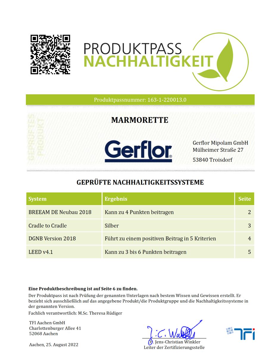Das Datenblatt enthält neben den zentralen Produkteigenschaften die Zuordnung der jeweiligen Qualitätsmerkmale zu den Kriterien der Nachhaltigkeitssysteme DGNB, LEED, BREEAM, BVB und Cradle to Cradle – hier am Beispiel des Linoleumbelags Marmorette von Gerflor.<br> TFI Aachen stellt "Produktpass Nachhaltigkeit" vor
